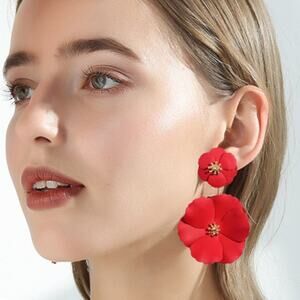 Ann Voyage Elverum Flower Dangle Drop Statement Earrings Red - One Size